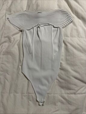 Express - White Ribbed One-Piece Bodysuit with Fold-Over Neckline - Small